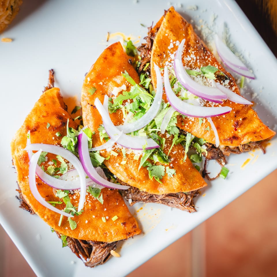Three birria tacos with shredded beef, cilantro, and red onions on a white plate.